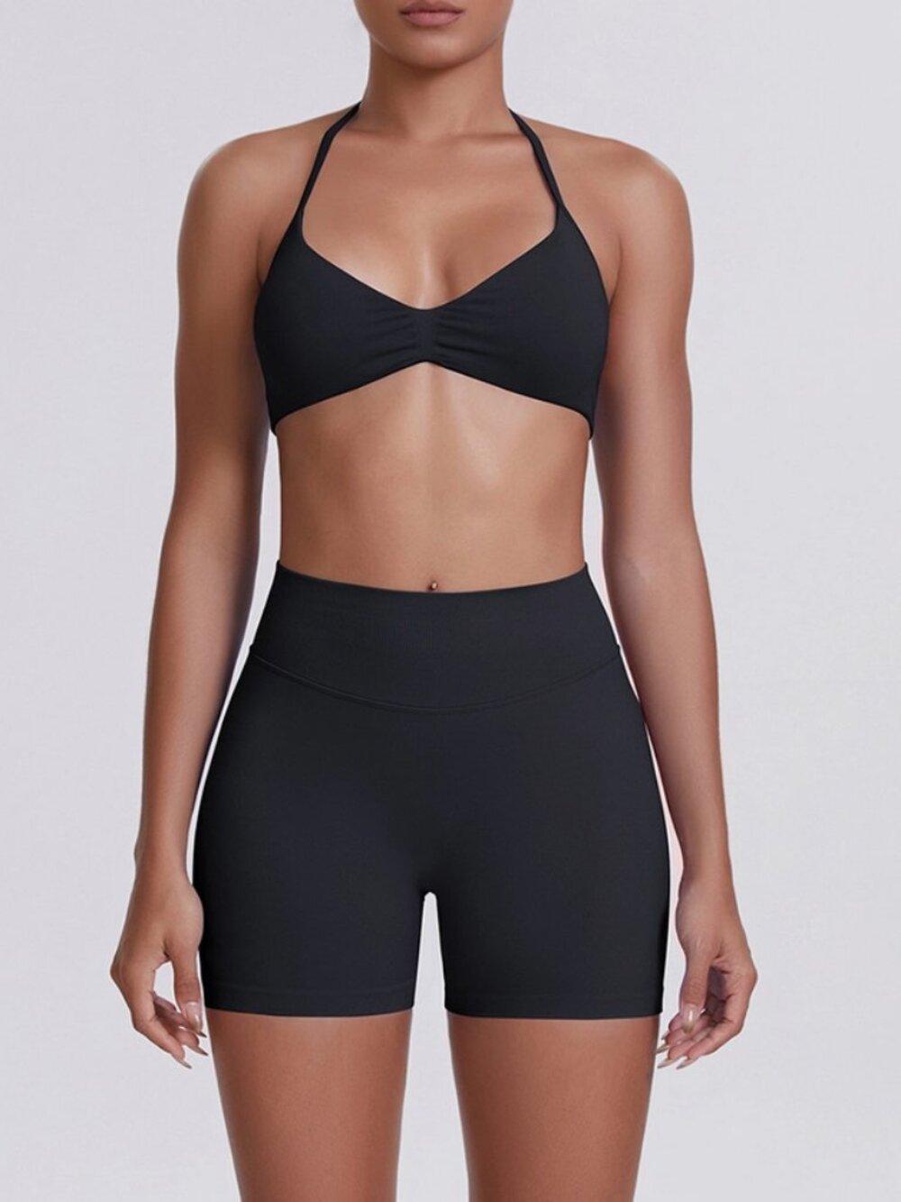 {NEW ARRIVAL} Seamless Sculpt Halter Sports Bra & Shorts Set | Black
